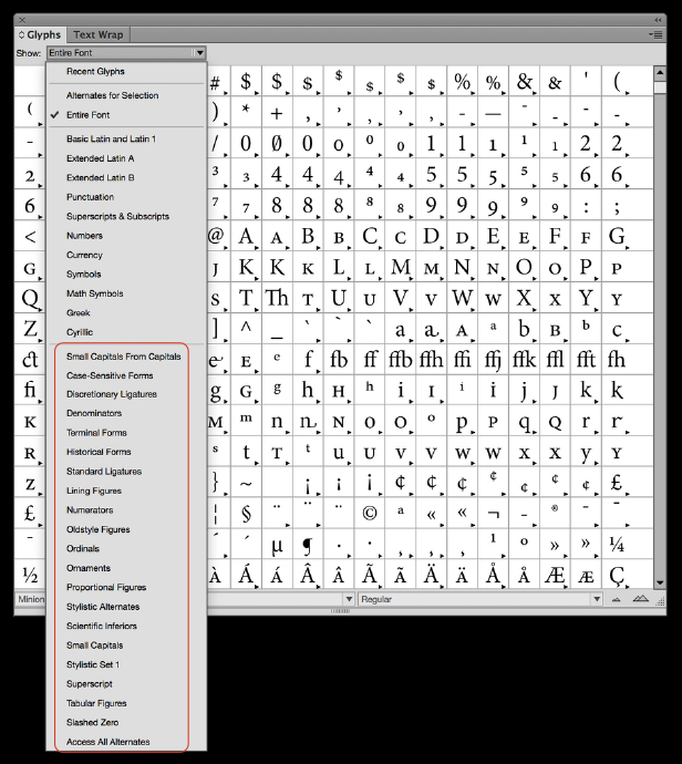 Suche nach alternativen Glyphen