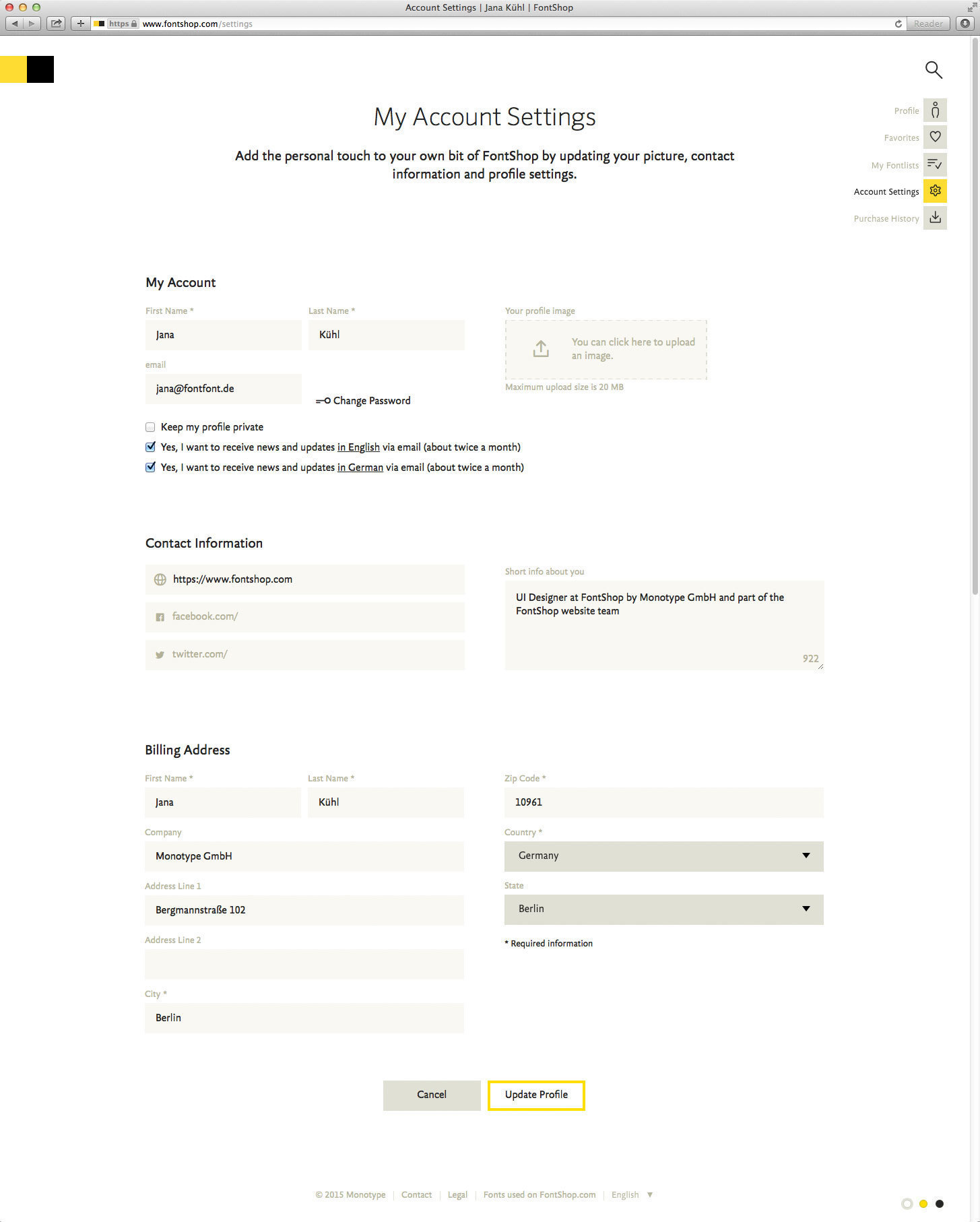 La page _Paramètres de mon compte_ vous permet de modifier vos informations personnelles.