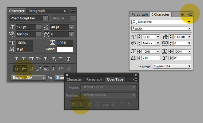 De gauche à droite, les panneaux Caractères/Type ouvert de PhotoShop, Illustrator et InDesign. Notez que lorsqu'aucun document n'est ouvert, les options d'Illustrator sont désactivées, car il exige que toutes les valeurs par défaut soient spécifiques au document.