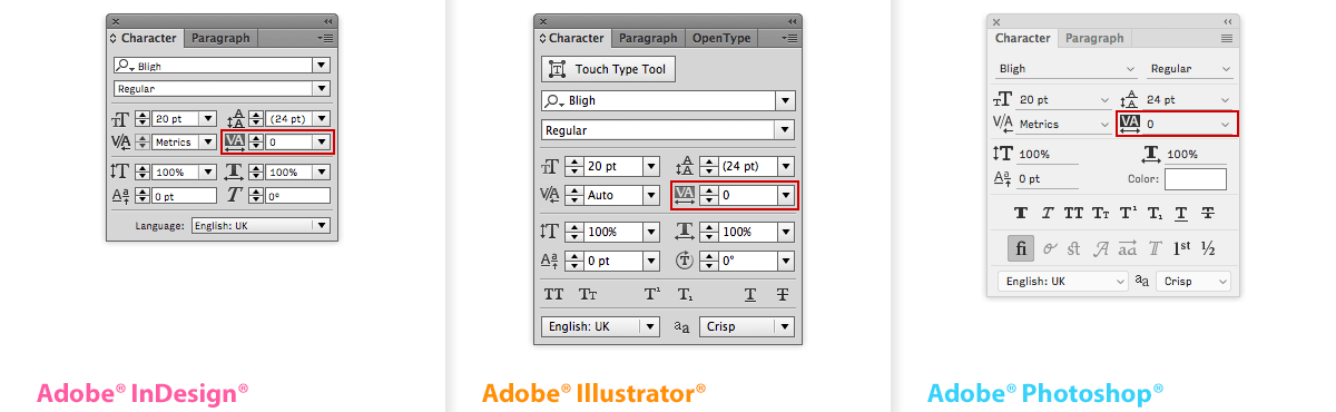 El cuadro de diálogo Seguimiento en la ventana Carácter, de izquierda a derecha en Adobe® InDesign®, Illustrator® y Photoshop®. Observe cómo el icono difiere del diálogo de Kerning: las dos letras están resaltadas para indicar una secuencia, en lugar del rayo en ángulo entre las dos letras individuales en el icono para Kerning.