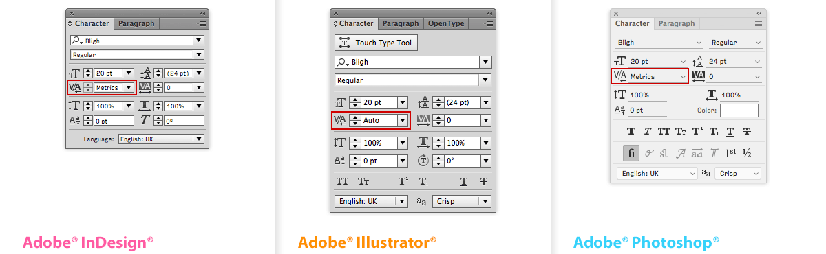 El cuadro de diálogo Kerning en la ventana Carácter, de izquierda a derecha en Adobe® InDesign®, Illustrator® y PhotoShop®.